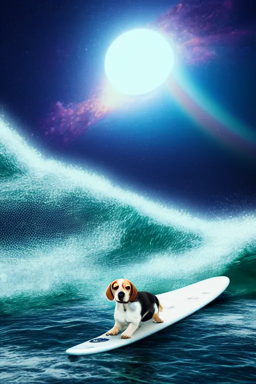 Image similar to beagle dog surfing a surfboard on a sparkly crashing wave of stardust in space, background is a moon in nebula, octane render, unreal engine, wide view, 8 k, highdetaild