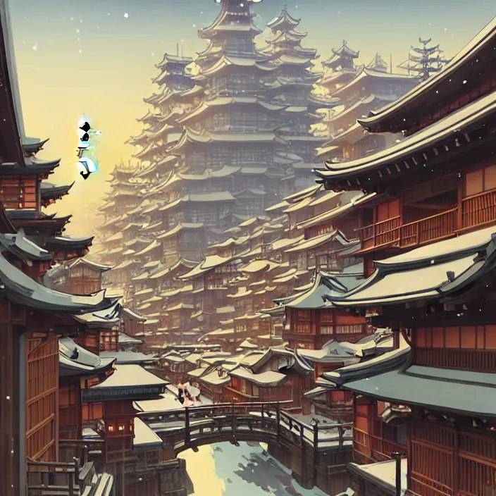 Prompt: japanese big city, winter, in the style of studio ghibli, j. c. leyendecker, greg rutkowski, artem