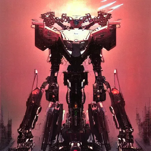 Prompt: a sleek, futuristic symmetrical mecha, defending the vast looming city, designed by hideaki anno, drawn by tsutomu nihei, and painted by zdzislaw beksinski