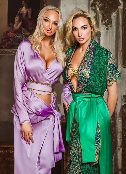 Prompt: portrait of lindsey pelas and gal gadot wearing green kebaya and purple silk belt in a temple, by charlotte grimm, natural light, detailed face, beautiful features, symmetrical, canon eos c 3 0 0, ƒ 1. 8, 3 5 mm, 8 k, medium - format print, half body shot