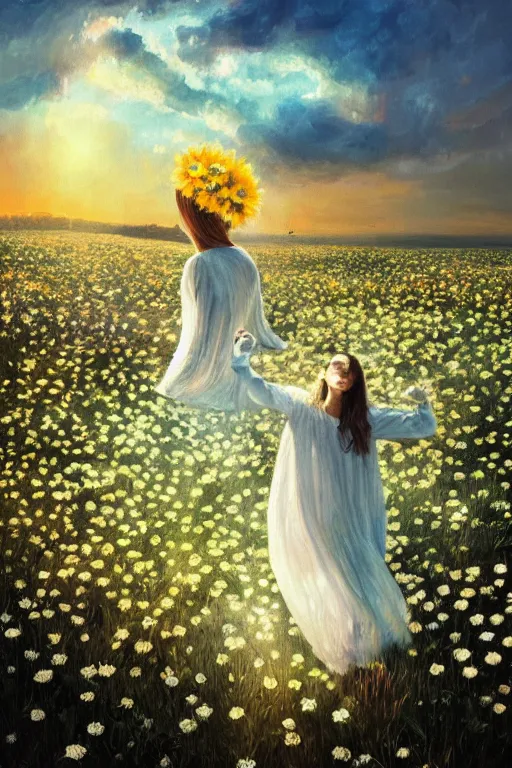 Image similar to veil of giant white daisy flower as head, girl dancing in a flower field, surreal photography, sunrise, dramatic light, impressionist painting, colorful clouds, digital painting, artstation, simon stalenhag