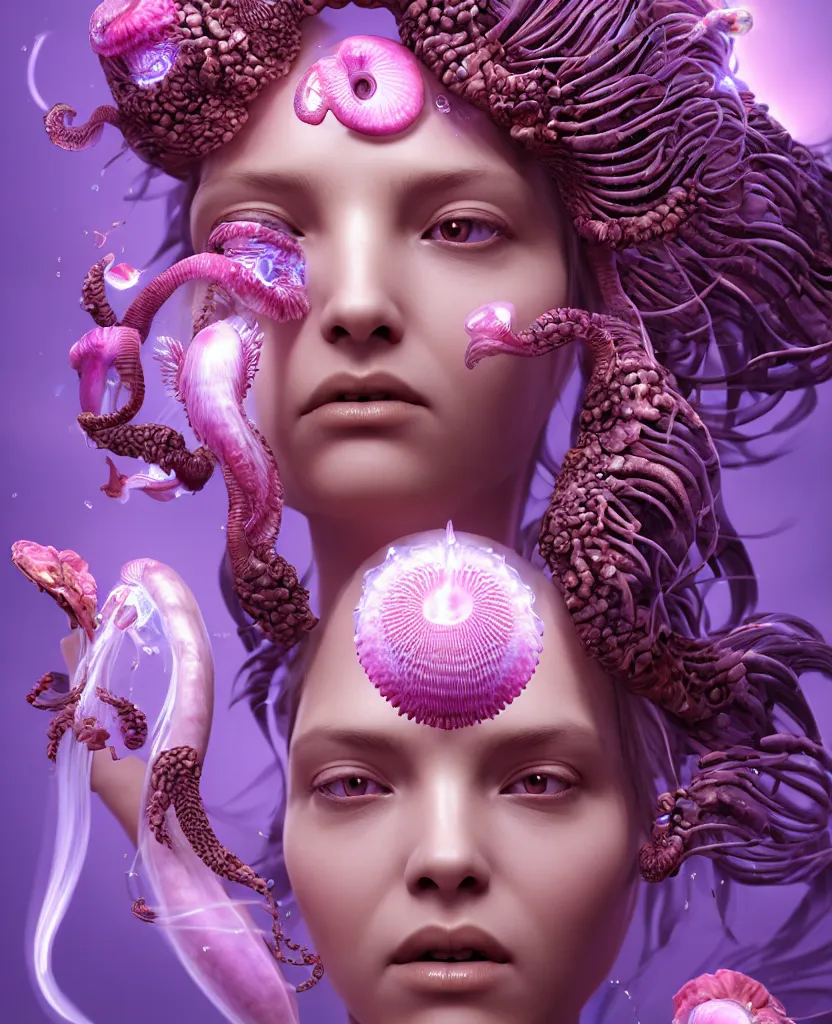 Image similar to goddess princess beautiful face close-up portrait ram skull zbrush sculpt. jellyfish phoenix head, nautilus, orchid, skull, betta fish, bioluminiscent creatures, intricate artwork by Tooth Wu and wlop and beeple. octane render, trending on artstation, greg rutkowski very coherent symmetrical artwork. cinematic, hyper realism, high detail, octane render, 8k