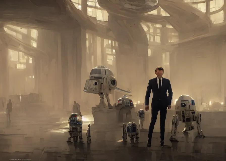 Prompt: painting of Emmanuel Macron as a senator in Star Wars, inside the galactic senate, sharp focus, trending on ArtStation, masterpiece, by Greg Rutkowski, by Ross Tran, by Fenghua Zhong, octane, clear eyes, soft render, oil on canvas, moody lighting, cinematic