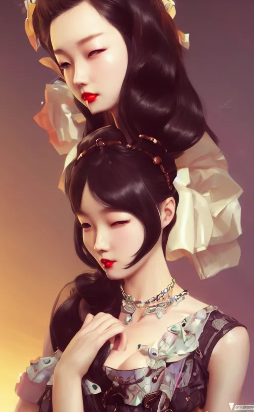 Image similar to a pin up and beautiful fashion charming dreamlke korea girl with lv jewelry, character art, art by artgerm lau and kyoung hwan kim and and ilya kuvshinov and john singer sargent, hyperdetailed, 8 k realistic, symmetrical, frostbite 3 engine, cryengine, dof, trending on artstation, digital art