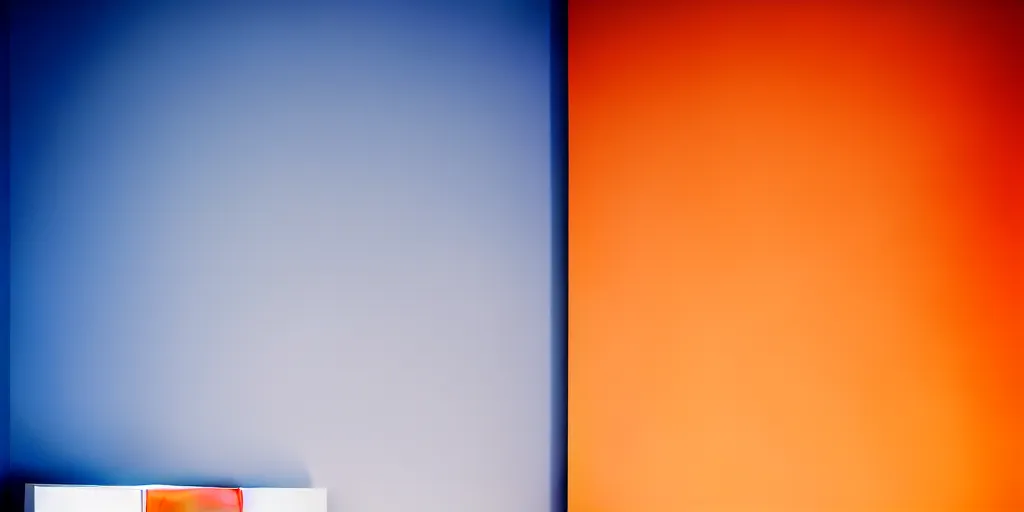 Image similar to hyperrealistic rendering on very beautiful white wall with beautiful contrast of light and shadow, orange to blue gradient luminescence, professional foto, front elevation, optical illusion, close - up, in focus, reflection, cinematic frame