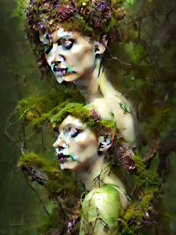 Image similar to Full View Portrait Mystical ethereal Forest deity wearing beautiful dress, vines tree bark moss Dryad made of forest beautiful dress, 4k digital masterpiece by Craig Mullins and Ruan Jia and Tom bagshaw, Alberto Seveso, fantasycore, Hyperdetailed, realistic oil on linen, soft lighting, kush background, featured on Artstation, textured, stylized, intricate details