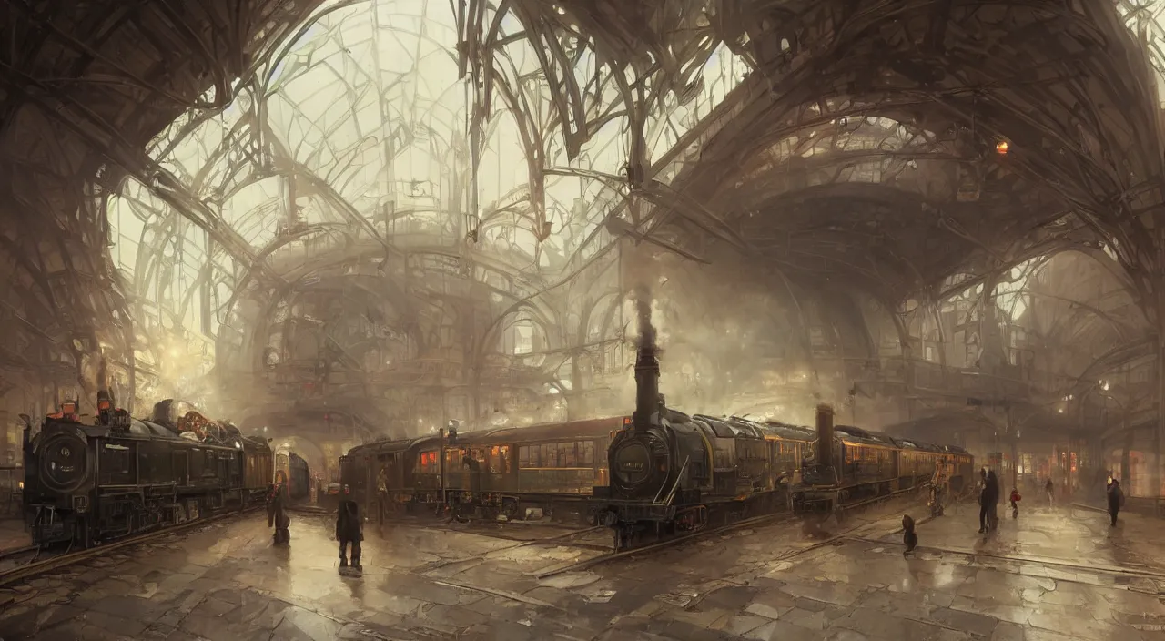 Image similar to subway station with an arriving steam train, highly detailed, digital painting, artstation, concept art, smooth, sharp focus, steampunk illustration, art by greg rutkowski and alphonse mucha