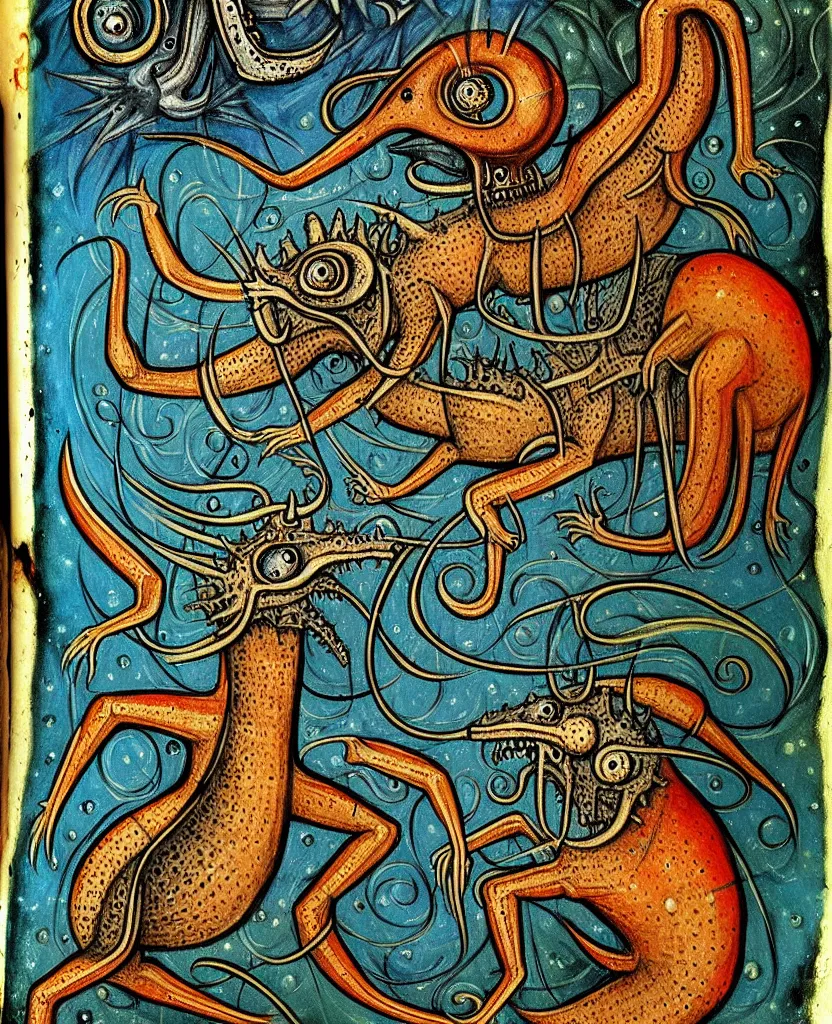 Prompt: medieval bestiary of wild repressed emotional creatures found in the deep sea of unconscious of the psyche, painted by ronny khalil