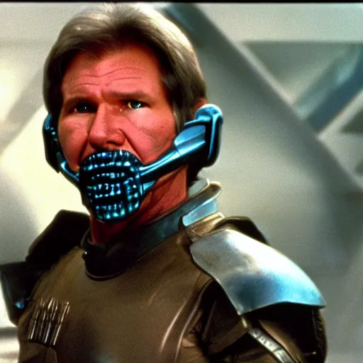 Image similar to movie still, 1 9 8 0 s, harrison ford as armored alien hunter, photorealistic, hyperdetailed, by ridley scott and john carpenter, blue leds