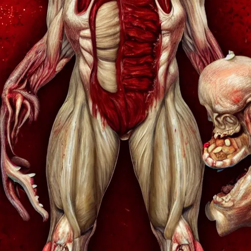 Prompt: a pc made out of flesh, muscle, guts, blood, teeth, skinned,