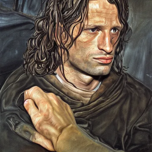 Image similar to high quality high detail painting by lucian freud, hd, aragorn from lord of the rings