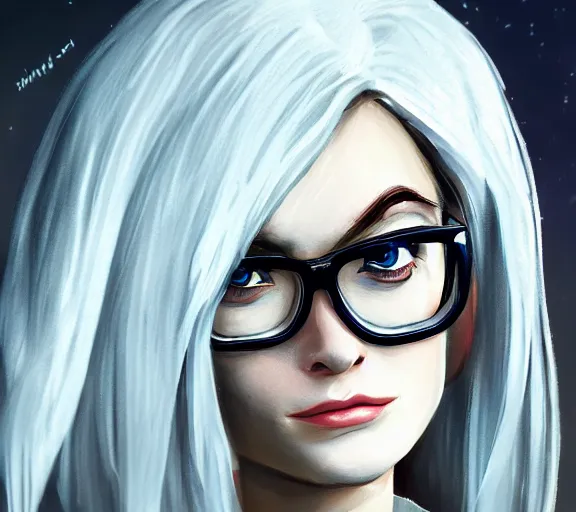 Prompt: Portrait of a beautiful female nerd with big eye-glasses, in the style of Icewind Dale portraits; masterpiece; trending on artstation; f/1.4; 90mm