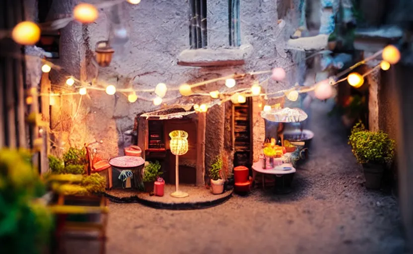 Image similar to mini cafe diorama macro photography, alleyway, cafe for felted animals, ambient, colorful paper lanterns, atmospheric photograph, string lights, romantic