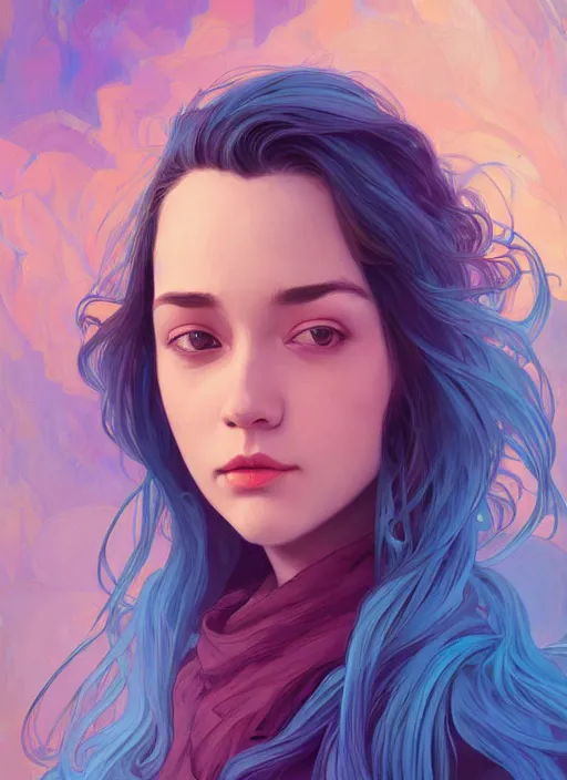 Image similar to handsome young women with shoulder length blue hair, half body shot, path traced, highly detailed, high quality, digital painting, alena aenami, lilia alvarado, shinji aramaki, karol bak, alphonse mucha, tom bagshaw