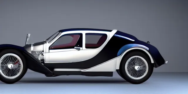 Prompt: a single bugatti type 5 7 sc atlantic and delorean hybrid, dslr, cinematic, photorealistic, hyperdetailed