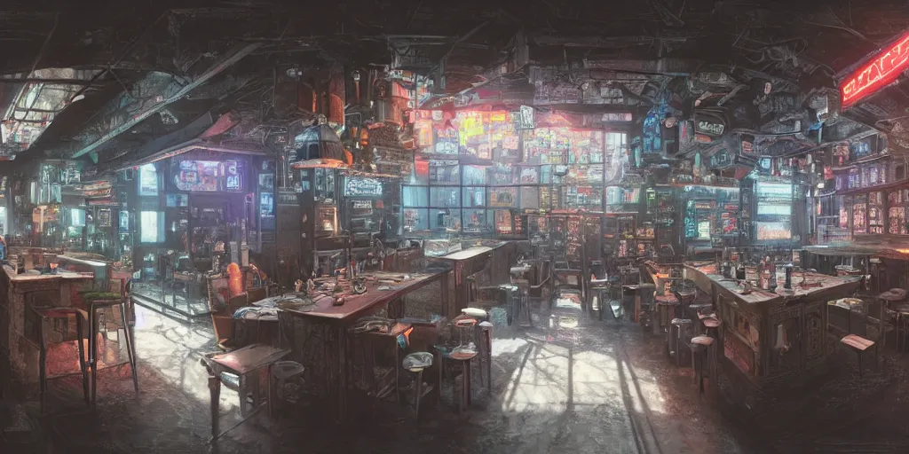 Image similar to Very Highly detailed realistic Digital concept interior design in style of Hiromasa Ogura and Josan Gonzalez of cyberpunk tavern with stone walls and neon lights, a lot of electronics, many details. Natural white sunlight from the transperient roof. Panorama on 360 degrees Rendered in VRAY and DaVinci Resolve and MAXWELL and LUMION 3D, Volumetric natural light