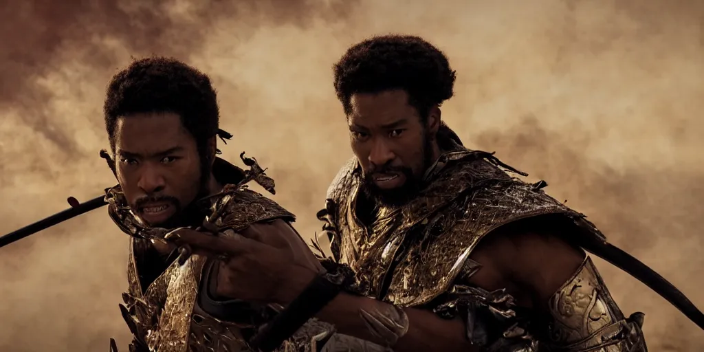 Image similar to a film still of a black man starring in a japanese blockbuster film as samurai on fire, shallow depth of field, cinematic, award winning cgi, vfx, film still