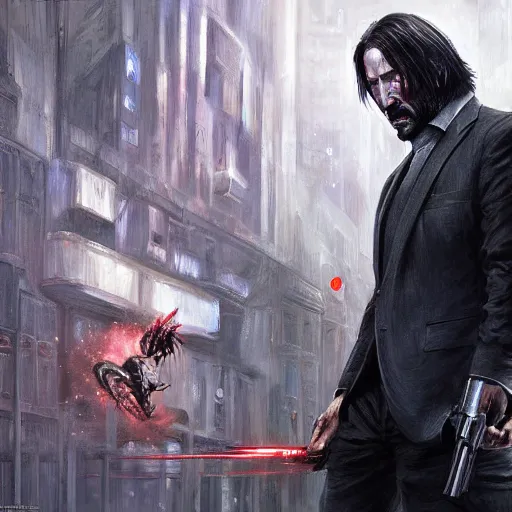 Image similar to an angry john wick in a shootout with a giger alien in the city streets, raymond swanland and magali villeneuve detailed digital painting