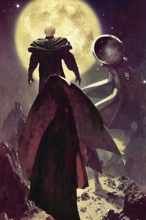 Image similar to pulp scifi fantasy illustration full body portrait of nosferatu wearing cape beside spaceman, by norman rockwell, jack kirby, bergey, craig mullins, ruan jia, jeremy mann, tom lovell, 5 0 s, astounding stories, fantasy