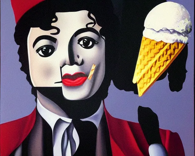 Prompt: Michael Jackson is giving you an icecream, painting by René Magritte