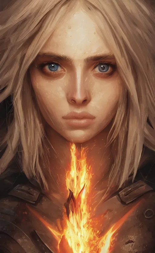 Image similar to blond girl archfiend at the fiery pits of hell, flawless symmetrical pretty cute face, ana de armas, greg rutkowski, 8 k, shallow depth of field, intricate detail, concept art,