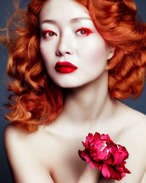 Image similar to Portrait of a woman, close-up, high sharpness, zeiss lens, fashion photo shoot, peony flowers, red hair, red lipstick, in the background of gold, on their face stratsEnni Leibovitz and Steve McCurry, David Lazar, Zhong Lin, Jimmy Nelsson, Eiko Hosoe , artistic, hyper-realistic, beautiful face, octane rendering