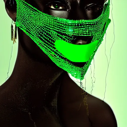 Prompt: a portrait of a woman with bright green eyes, wearing a mask over her mouth made out of golden intricate wire, futuristic, speculative fashion, centred in image, highly detailed 8k photography, cinematic lighting, trending on artstation H 768