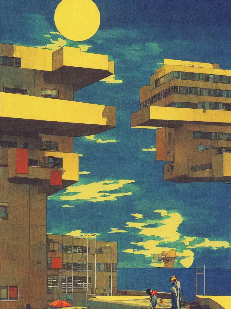 Image similar to a psychedelic hallucination of a brutalist hotel in the stormy ocean, by kawase hasui, moebius, edward hopper, colorful flat surreal design, dramatic lighting, hd, 8 k, artstation