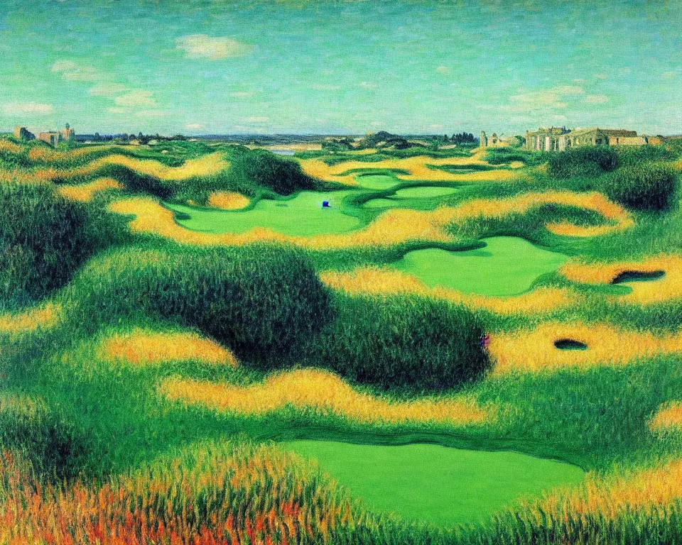 Prompt: achingly beautiful painting of bandon dunes golf course by rene magritte, monet, and turner.