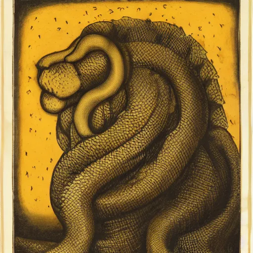 Image similar to the scaly maned serpentine lion-faced demiurge aquatint giotto