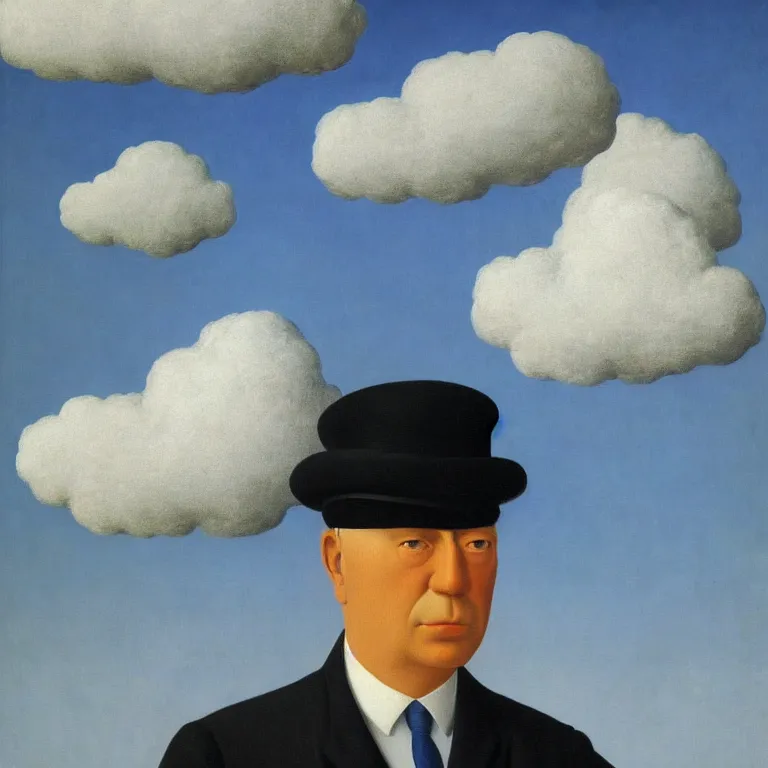 Image similar to portrait of a man whos head is a cloud, by rene magritte, detailed painting, hd, hq, high resolution, high detail, 4 k, 8 k