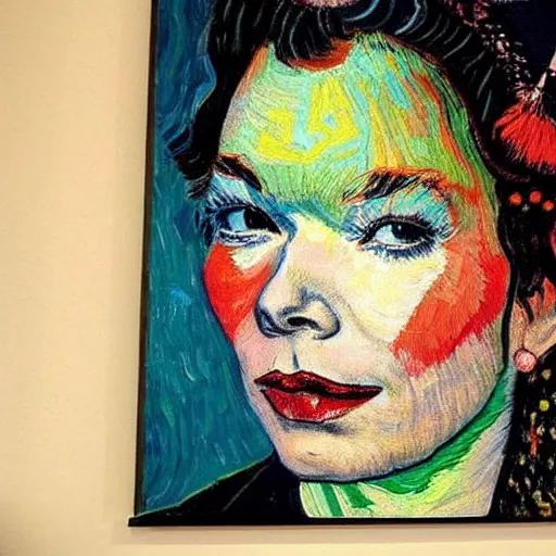 Image similar to very beautiful and very detailed and very colorful portrait of bjork, painted by van gogh