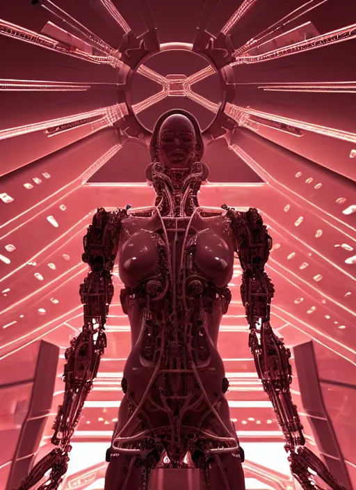 Prompt: , high detailed space station interior, a statue jesus on cross made of red marble, perfect symmetrical body, full body shot, inflateble shapes, wires, tubes, veins, white biomechanical, wearing epic bionic cyborg implants, masterpiece, intricate, biopunk, vogue, highly detailed, artstation, concept art, cyberpunk, octane render