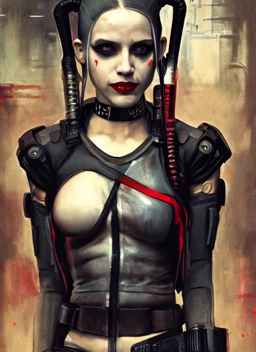 Prompt: Harley Quinn as a cyberpunk assassin in a cyberpunk stealth suit (blade runner 2049, cyberpunk 2077). Orientalist portrait by john william waterhouse and James Gurney and Theodore Ralli and Nasreddine Dinet, oil on canvas. Cinematic, hyper realism, realistic proportions, dramatic lighting, high detail 4k