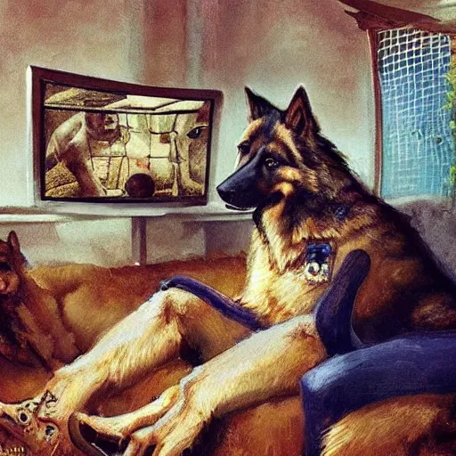 Image similar to a humanoid german shepherd beast - man, sitting and watching a soccer match in his house on television, he has hurt his knee and is a dad, by erin hanson, alexi zaitsev, karl spitzweg, award winning, tv set