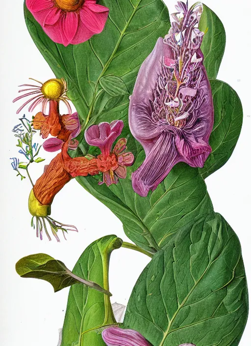 Image similar to fantasy scientific botanical illustration of colorful flower with a mouth and teeth on its base