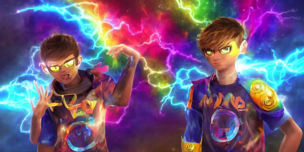 Prompt: a 16 year old boy with god rainbow elemental powers brown hair cut like lebron james a rainbow t shirt that says subscribe to waya steurbaut 2 on youtube and a half robot half elve half demon cute boy octane render in the style of digital art, high resolution film render 100k, photo realistic