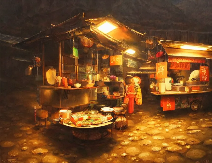 Prompt: enchanted ramen stall in the faraway mountains. this oil painting by the award - winning mangaka has a beautiful composition, great sense of depth, dramatic lighting and intricate details.