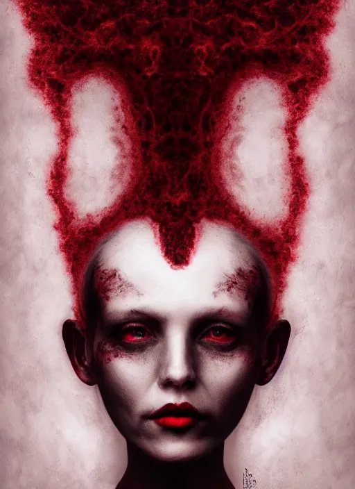 Image similar to dramatic dark red matte portrait painting of woman with black mandelbrot fractal instead of face, horror, body horror, dark art, 4 k, detailed, realistic, psychotic, insane, crazy, mental illness, dramatic,