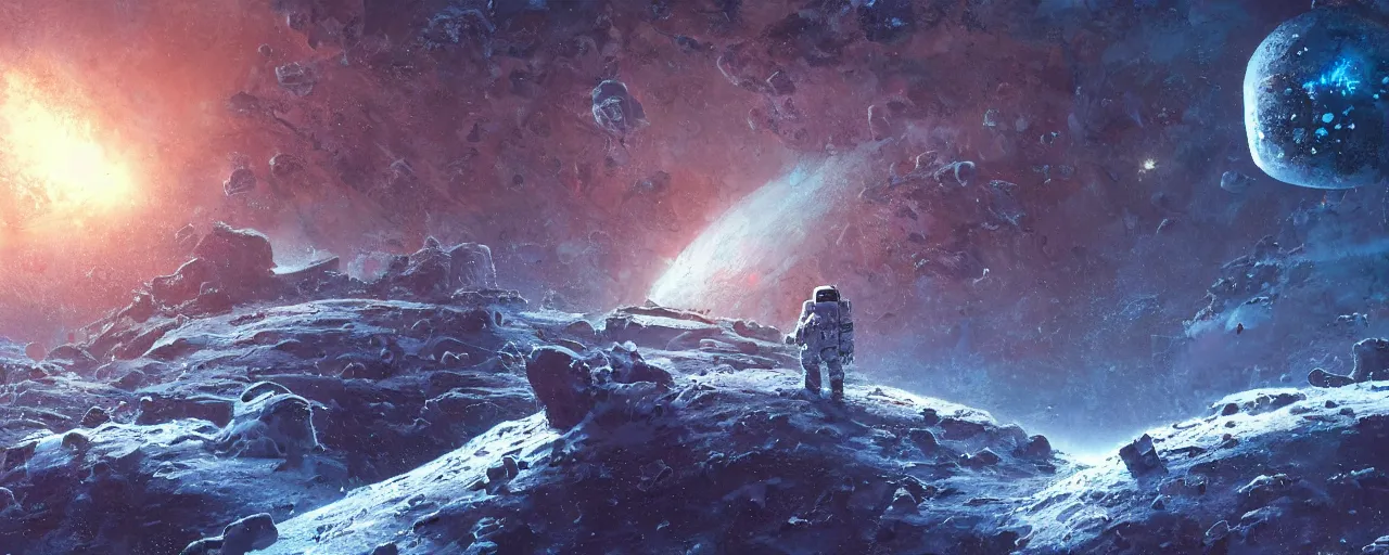 Image similar to lone astronaut exploring outer cybernetic planet covered with ice, art by paul lehr, cinematic, detailed, epic, widescreen, opening, establishing, matte painting, photorealistic, realistic textures, octane render