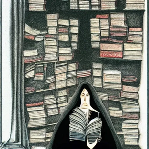 Image similar to the philosopher woman recludes from the world surrounded by a pile of books, art by dave mckean and leonora carrington