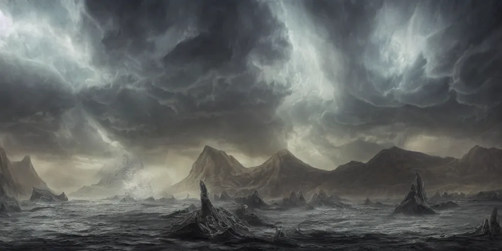 Image similar to photorealistic strange concept art of ship build from dinosaur bones, by katrina van grouw and bruce mahalski. an epic landscape, with ominous storm clouds, a gentle rising mist. occult photorealism, uhd, amazing depth, glowing, golden ratio, 3 d octane cycle unreal engine 5, volumetric lighting, cinematic lighting, cgstation artstation concept art