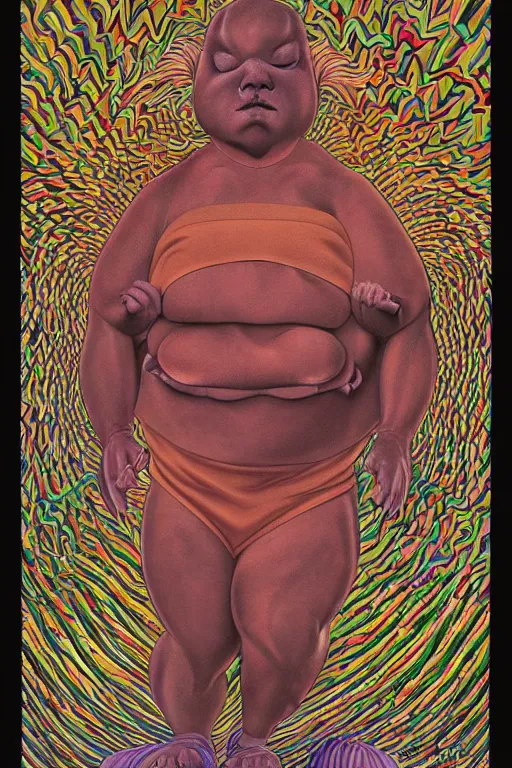 Image similar to obese tabby cat shaolin monk by alex grey, full body, extremely detailed