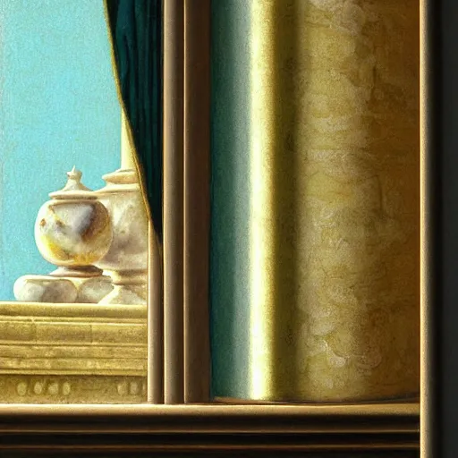 Prompt: still life painting of a room with a balcony and a marbled pedestal displaying an ancient holy blinkmoth urn artifact, centered in frame chromed and ornate with gentle iridescent shine from within. perspective from the side. realistic light and shadows. moody fantasy art, still life renaissance pastel painting. close up