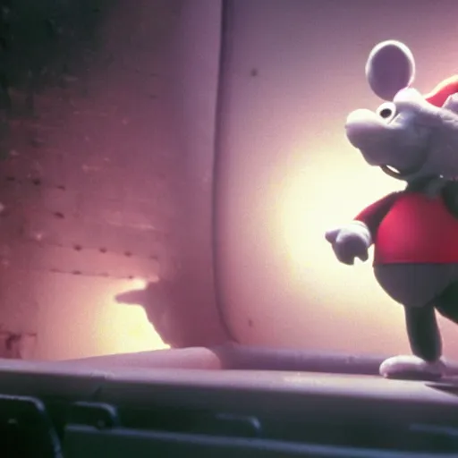 Image similar to Still of Chuck E. Cheese mouse mascot animatronic, in the movie Blade Runner, cinematic lighting, 4k