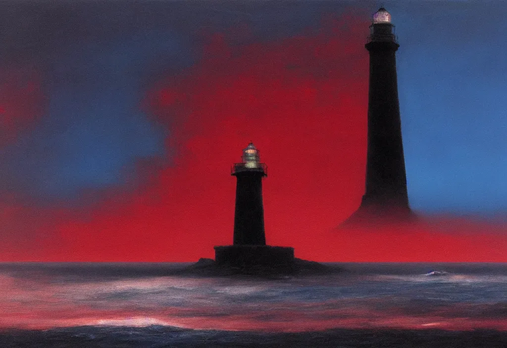 Prompt: landscape acrylic painting of a lonely black lighthouse, dynamic lighting, sad dark red sky with bright blue clouds, hopeless emotions, by beksinski, sharp focus, artstation hq