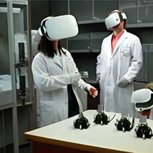 Image similar to a 2004 film still of a cat wearing a VR helmet, two people in lab coats standing behind the cat, one person has a clipboard, lab equipment in the background