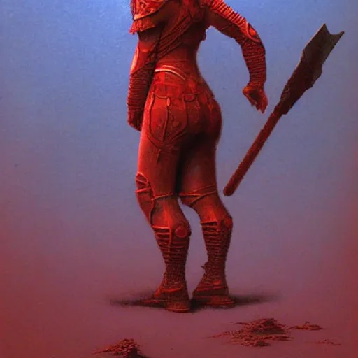 Image similar to Warrior princess with red armor in the style of Zdzislaw Beksinski