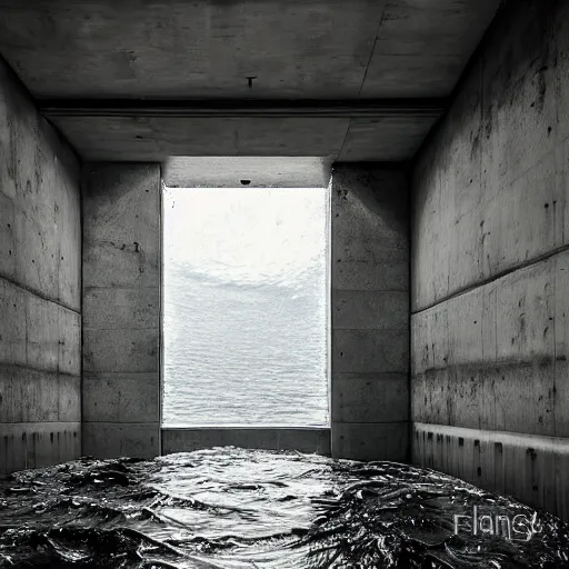 Image similar to dingy abandoned concrete room, triangular room, gray, museum, concrete staircase leading down, staircase flooded with water to create a moon pool, Photograph.