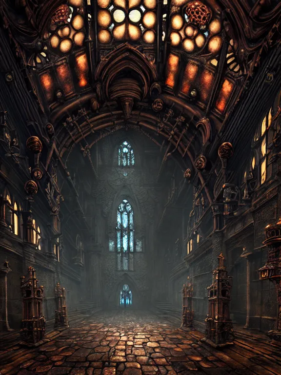 Image similar to steam necropolis, memento mori, gothic, neo - gothic, art nouveau, hyperdetailed copper patina medieval icon, stefan morrell, philippe druillet, ralph mcquarrie, concept art, steampunk, unreal engine, detailed intricate environment, octane render, moody atmospherics, volumetric lighting, ultrasharp, ominous, otherworldly